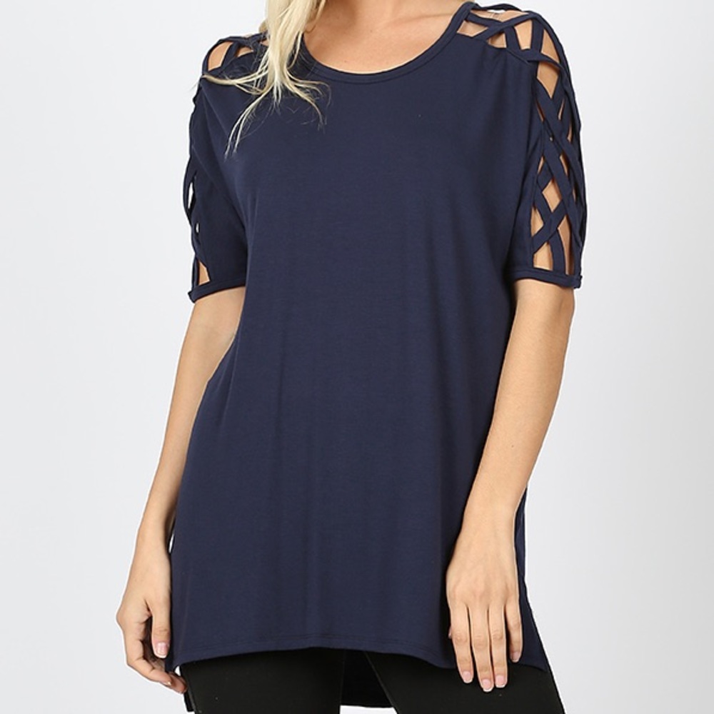 Criss-Cross Shoulder Side Split Hi-Low Hem Top